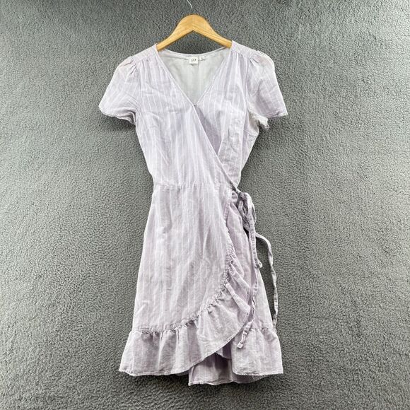 Gap Linen Cotton Stripe Ruffle Wrap Dress Purple White Small TALL - Picture 3 of 16